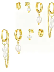 Women's Elegant Pearl Dangle Earrings Stack, 8 Pcs Trendy Drop Chain Set, Copper Material, All-Seasons Accessory