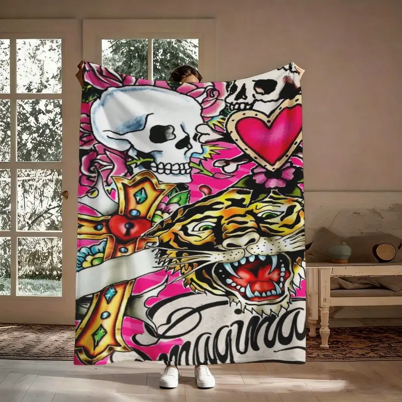 Flannel Blanket - Vintage Y2K Tattoo Flash, Ed Hardy Style, Skull, Tiger, Sacred Heart, Cross, Grunge Punk Cozy Throw for 2000s Alt Aesthetic Dorm Decor
