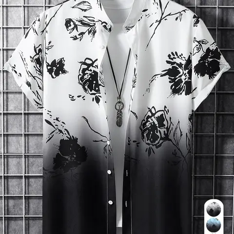Men's Summer Ombre Floral Print Button Front Short Sleeved Shirt, Casual Tropical Shirt, Soft Comfy Casual Top for Daily Wear, Menswear