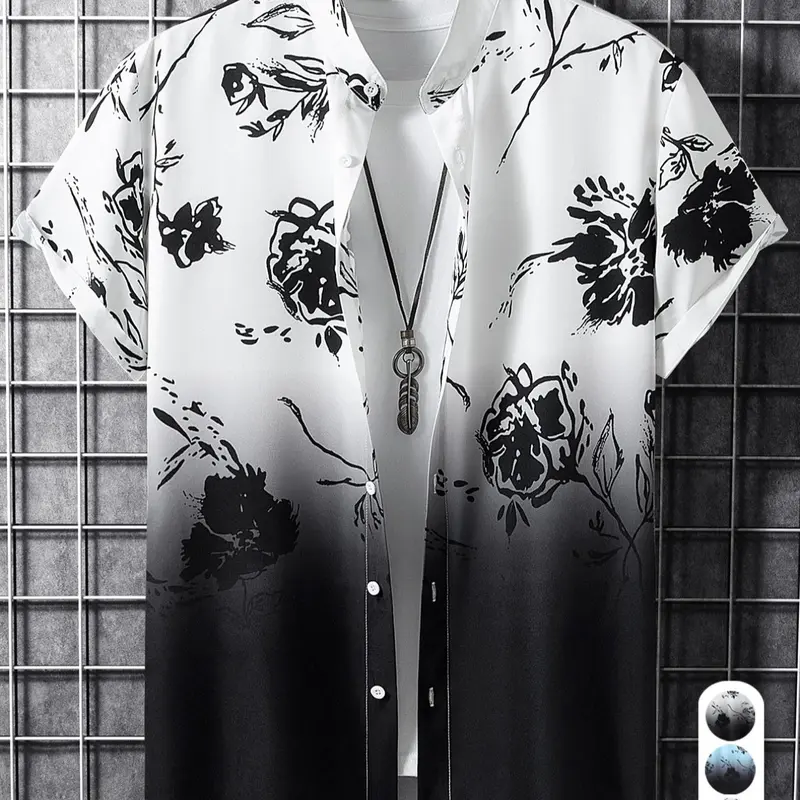 Men's Summer Ombre Floral Print Button Front Short Sleeved Shirt, Casual Tropical Shirt, Soft Comfy Casual Top for Daily Wear, Menswear