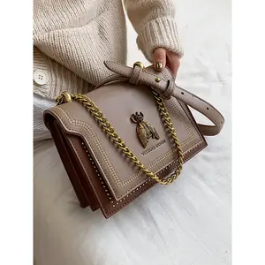 Women's Fashion Bee Decorated Chain Strap Shoulder Bag, Casual Versatile Solid Color Shoulder Bag for Daily Used, Trendy All-match Commuter Bag, Elegant Bag, Purse Women, Casual Trendy Purses, Crossbody Shoulder Bags, Elegant Embossed Bag