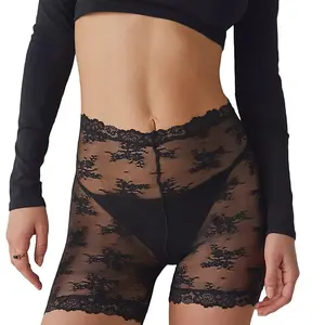 Women’s Sheer Lace Shorts Summer High Waist Solid Color Anti-Chafing Panty Shorts