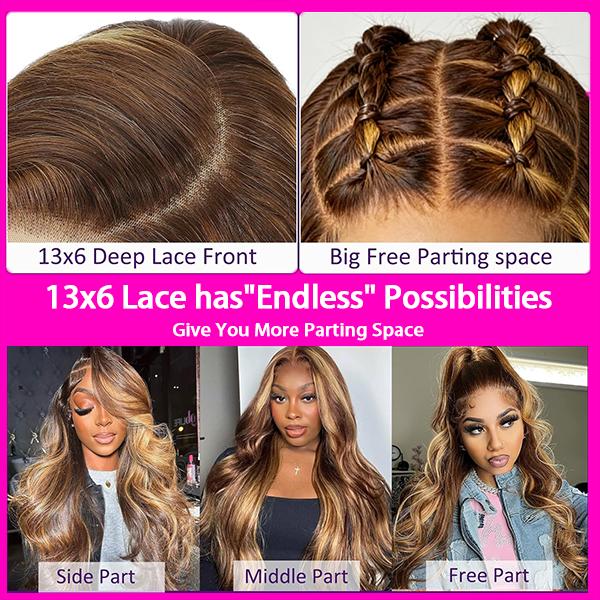 【30 Inch Only $89】Anyweek Honey Blonde Ombre Lace Front Wig Human Hair Highlight Body Wave 13x6 Lace Front Wigs Pre Plucked 180 Density Glueless HD Lace Frontal Wig for Women 4/27 Colored