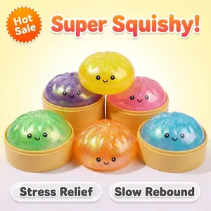 Squishy Dim Sum Bun Stress Toy - Glitter-Filled Random Color Shipped Squeeze Dumpling, Cute Kawaii Asian Food Themed Anxiety Relief Fidget Squishies for Kids & Adults