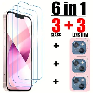 6 In1 Tempered Glass Screen Protector For IPhone16 16Plus 16Pro 16Pro Max iPhone15 15Mini 15Pro 15Pro Max IPhone13 Pro 13 Pro Max 14 14 Plus 14 Pro 14 Pro Max Full Cover