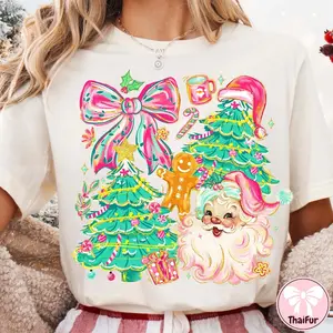 Pink Blue Floral Santa Sweatshirt, Preppy Bow Tree Merry & Bright Coquette Christmas Pullover