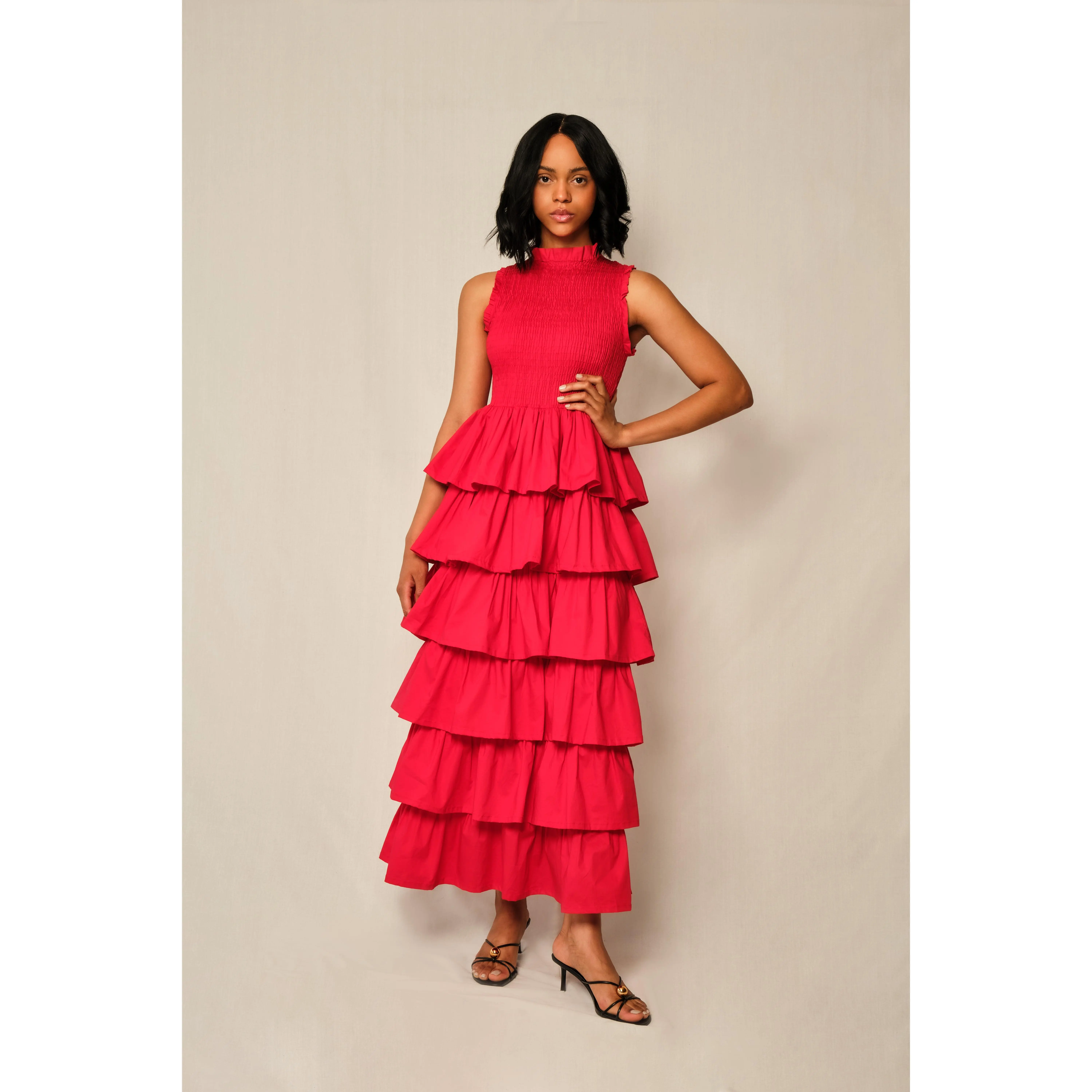 Reign Tiered Maxi Dress in Cotton – Red