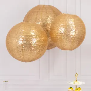 Set of 3 Shimmer Gold Sequin Fabric Hanging Lanterns, Large Decorative Round Foldable Chinese Lantern Lampshades - 14",16",20"