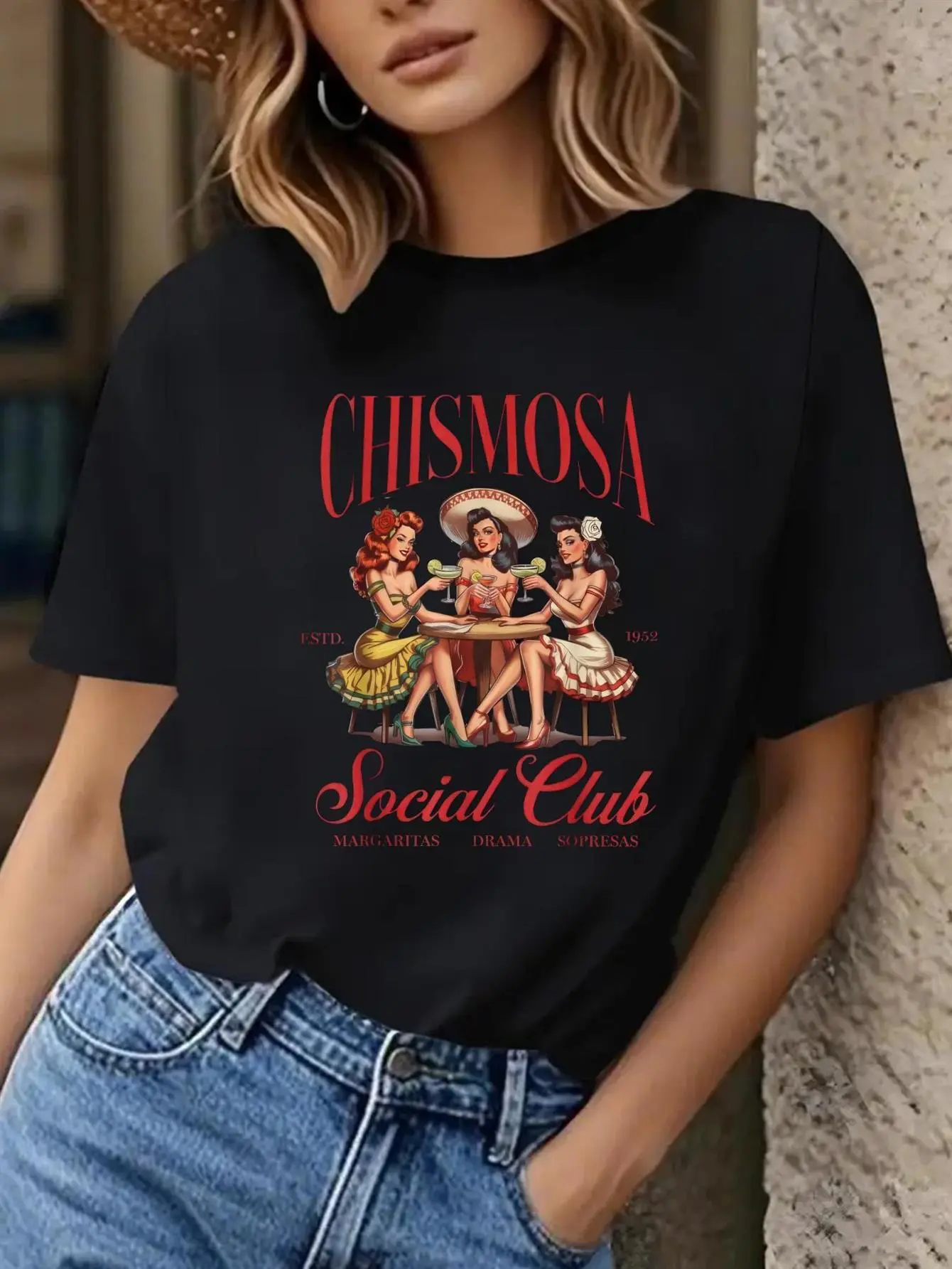 Chismosa Social Club Women's Latina Chisme Mexicana T-Shirt - Fitted Black Tee with Vibrant Mexican Cultural Appliqué (Chisme Lettering), Short Sleeve Crew Neck Casual Top for Spanish Language Events & Mexican Heritage Outfits,