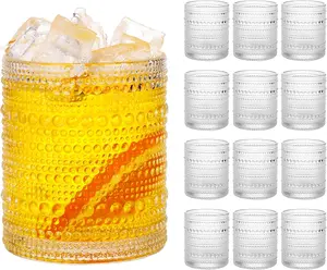 Hobnail Drinking Glasses Set of 12,10 Oz Cocktail Glasses Vintage Glassware, Textured Glass Cups Bubble Glasses Water Glasses Old Fashion Jupiter Glasses Set (Clear)
