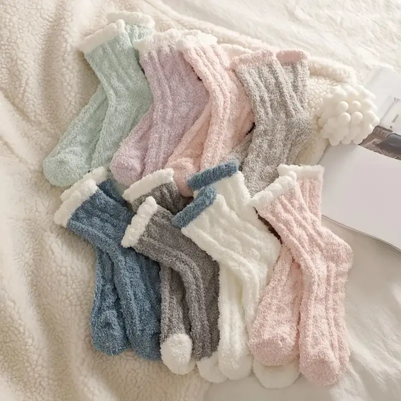 Women's Winter Warm Fleece Socks, Soft Coral Fleece, Ribbed Edge, Light Colors, Outdoor Cycling & Activities, Christmas Gift