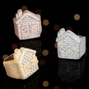 【A13】 One bold, extravagantly embellished hip-hop-style house-shaped ring in multiple colors for men
