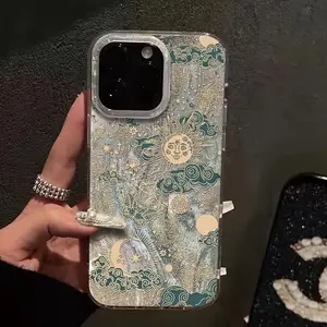 Luxury Case with Vintage Silver Feather Texture for iPhone 16, 16 Pro, 16 Pro Max, XS, 11, 12, 13, 14 - Hongli Yasha Shell - Transparent White - Sun Pattern 096GZ