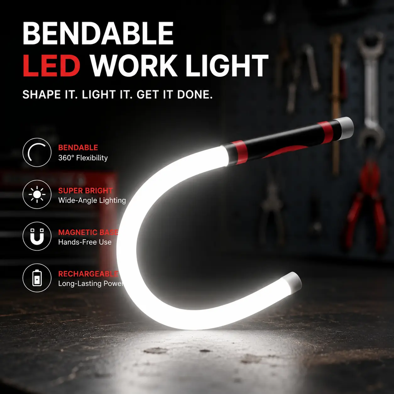 Boujee Kitchen Gadget Flexible LED Light Stick - 30 in Rechargeable Bendable Flashlight, 3 Lighting Modes, High Lumen Brightness, Multifunctional Portable Mechanic Light for Auto Repair, Garage Use, Rechargeable Flashlight