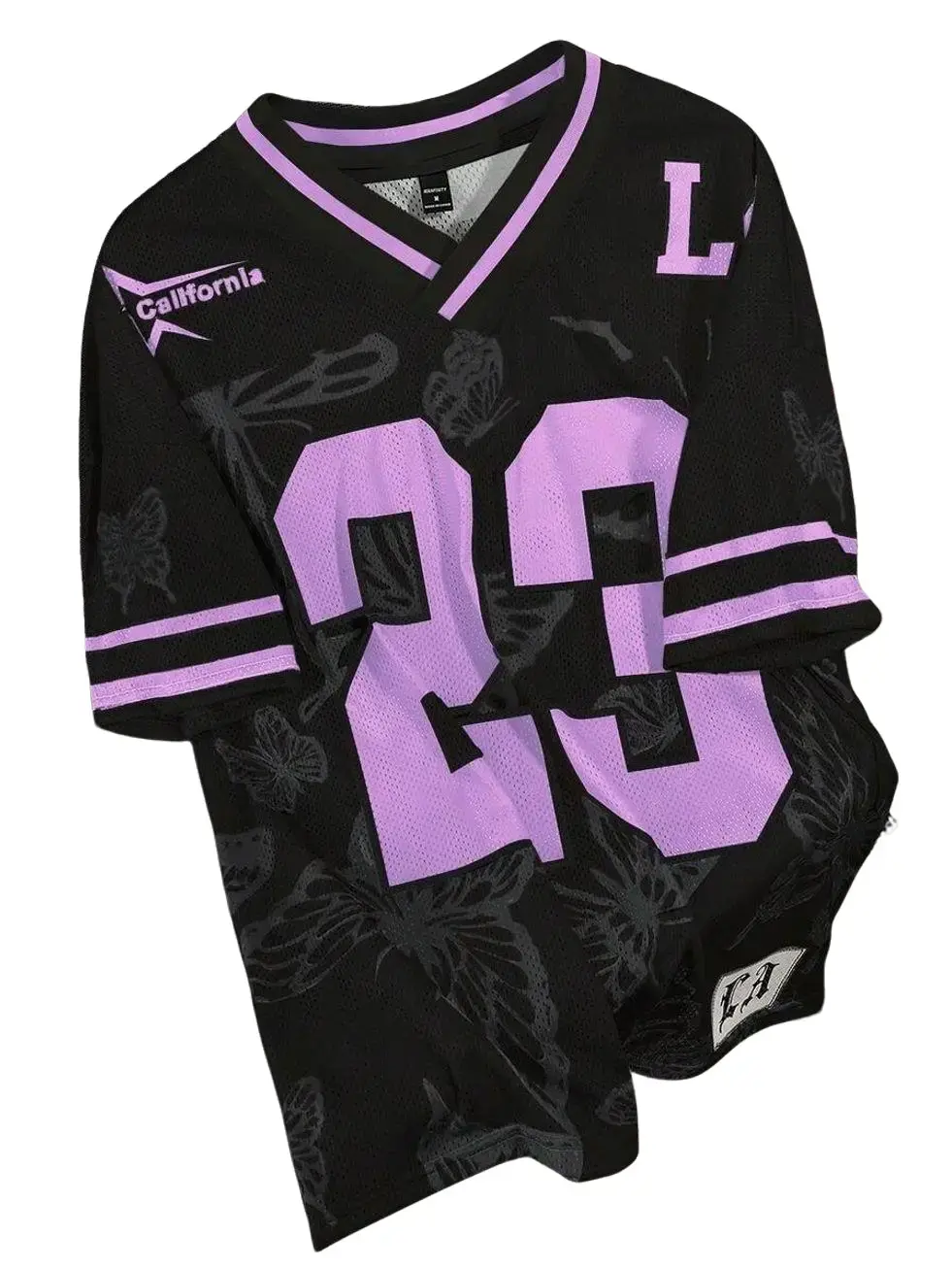 Black Color Block Mesh Jersey T-Shirt with Number Print, Oversized Short Sleeve Streetwear Top