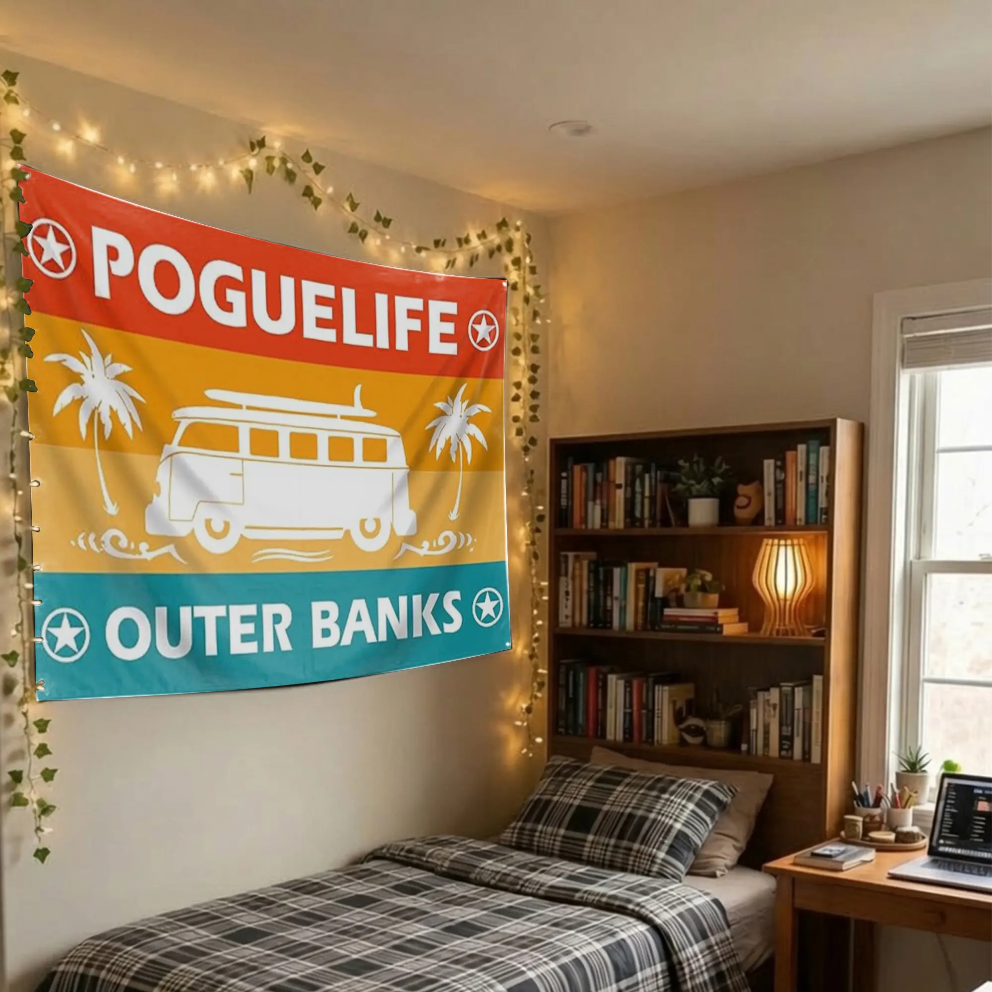 Pogue Life Surf Van Tapestry Flag, Retro Sunset Beach Wall Banner Decor, Vintage OBX TV Show Merch Gift for Bedroom College Dorm
