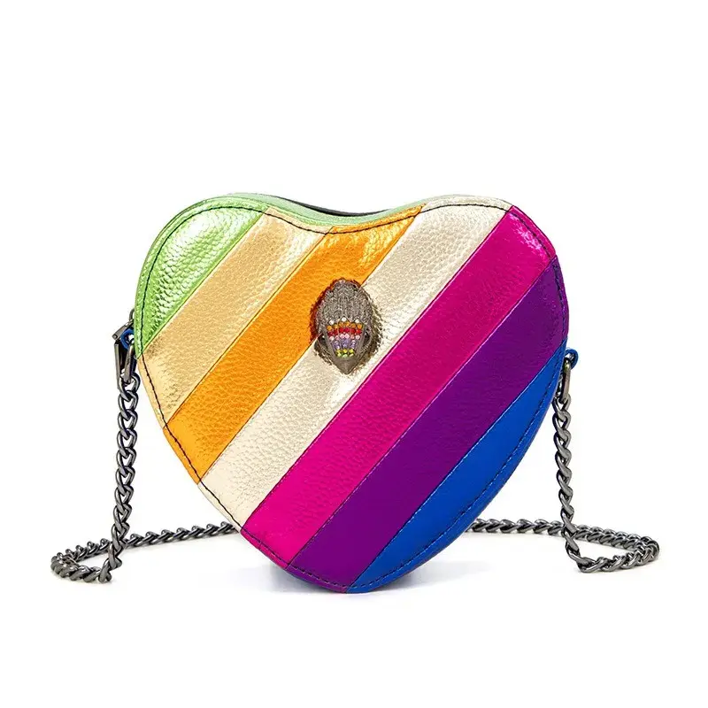 2026 New Metallic Rainbow Stripes Heart Bag PU Leather Chain Crossbody Purse 2026 New Metallic Rainbow Stripes Heart Bag PU Leather Chain Crossbody Purse