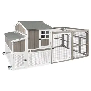 95.3" Chicken Coop Mobile Wooden Hen House with Nesting Box,95.3" L Outdoor Chicken House with Wheels and Removable Tray,Fir Wood Chicken Tractor with 6 Ventilation Door and Ramp-Grey