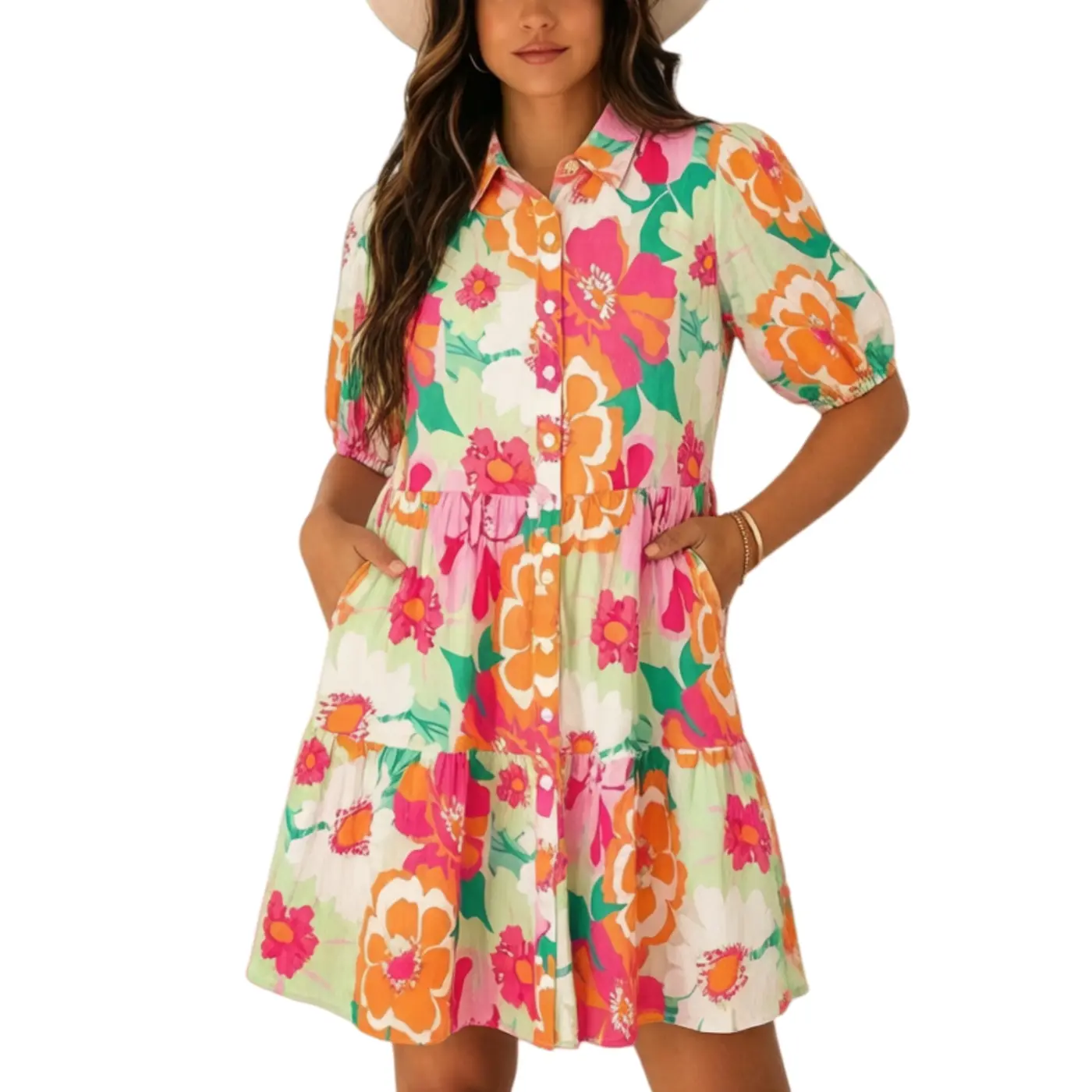 Asvivid Women's Floral Printed Puff Sleeve Mini Dress Collared Neck Buttoned Babydoll Casual Dresses Womenswear Asvivid Women's Floral Printed Puff Sleeve Mini Dress Collared Neck Buttoned Babydoll Casual Dresses Womenswear