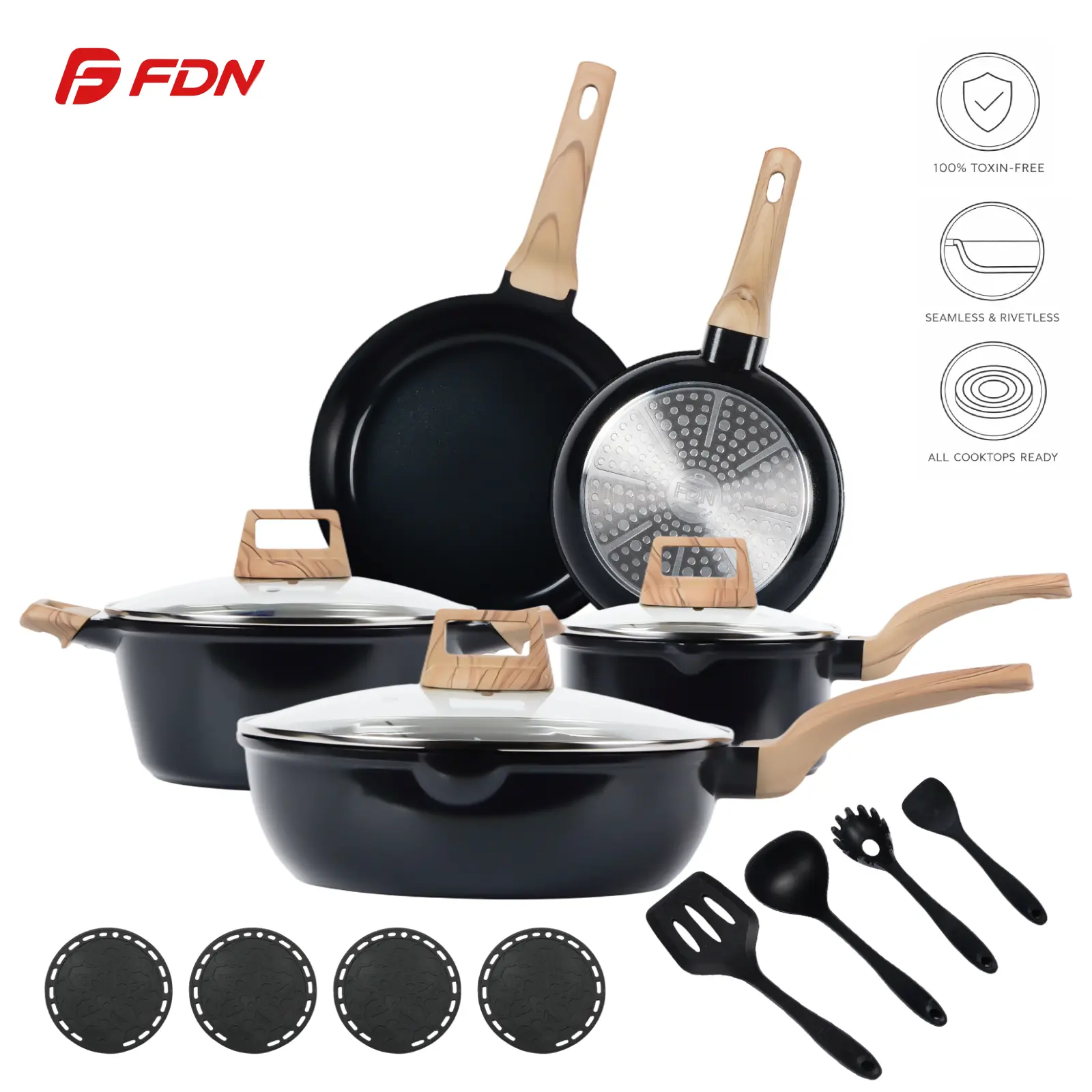 FDN 16-Piece Nonstick Ceramic Cookware Set - Induction Safe Kitchen Pots and Pans, PFAS-Free Aluminium, Lids Included, Fry Capable, Pasta Server, Silicone Tools, Easy Clean, Hot Spot Prevention, New Home Use
