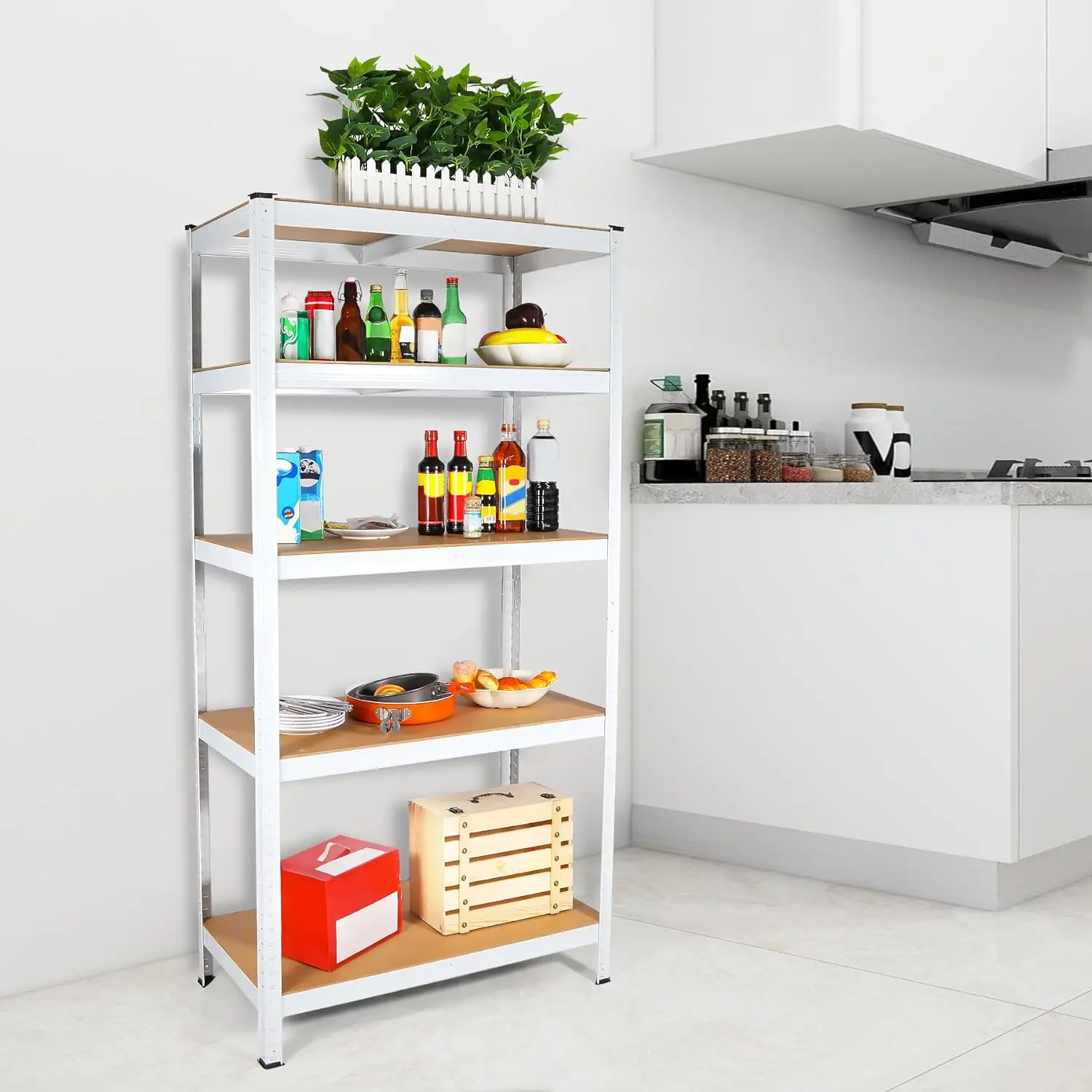 5 Tier White Laminated Metal Shelving Unit, Adjustable Heavy Duty Storage Rack, 29"W×12"D×59"H for Garage Pantry Basement