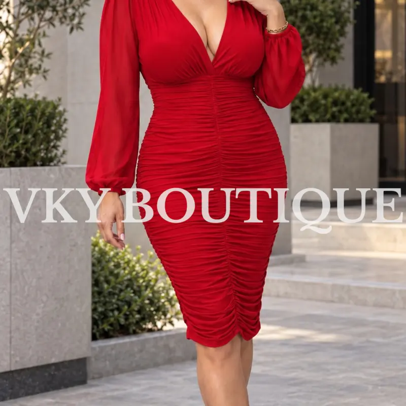 V-Neck Diva Ruched Bodycon Dress with Long Sleeves for Women TS