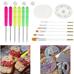 19 Pcs Cookie Decorating Kit Supplies Including 1 Acrylic Turntable 6 Scribe Needle 2 Silicone Mesh Mats 6 Cookie Decoration Brushes 4 Rubber Feet Bumpers gift