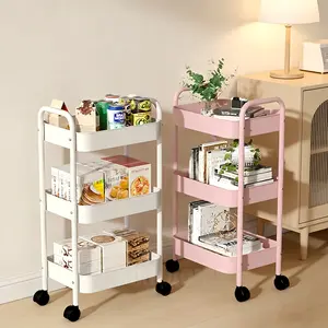 Floor Standing Storage Rack & Storage Shelf – 3-Tier Metal Utility Rolling Cart with Lockable Wheels, Easy to Assemble for Home, Office and Makeup Organization