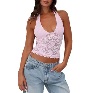 Women Lace Floral Halter Neck Crop Tops Mesh Sheer See Through Deep V-neck Backless Tank Tops Summer Camisoles SleevelessFitted Shirts Cute Going Out Outfits Beachwear Y2K Streetwear