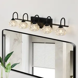 29" Retro 5-Light Bathroom Vanity Light Fixture - Black Finish with Crystal Glass Shades, Wall Mounted Lighting for Bathroom, Powder Room, and Vanity Mirror (No Bulbs) On-Site