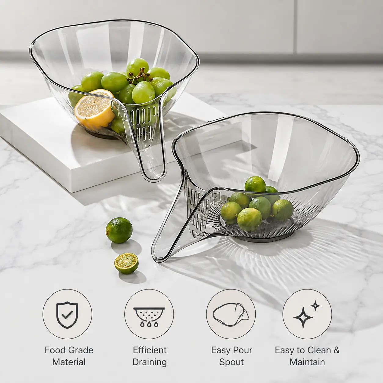 1-Count Transparent Drain Colander Basket - Kitchen Strainer Utensils with Pour Spout, Stable Flat Base, Holes for Washing Fruits, Making Salad - Essential Kitchen Supplies