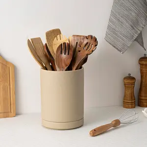 Utensil Holder 7.3 Ceramic 2-in-1 Set with Base for Countertop Cooking Utensil Crocks Kitchen Counter Organizer Spatulas Spoons Farmhouse Decor Pottery Clay Vintage Style Retro Inspired Matte Terracotta Design Gift Canister Tin Storage