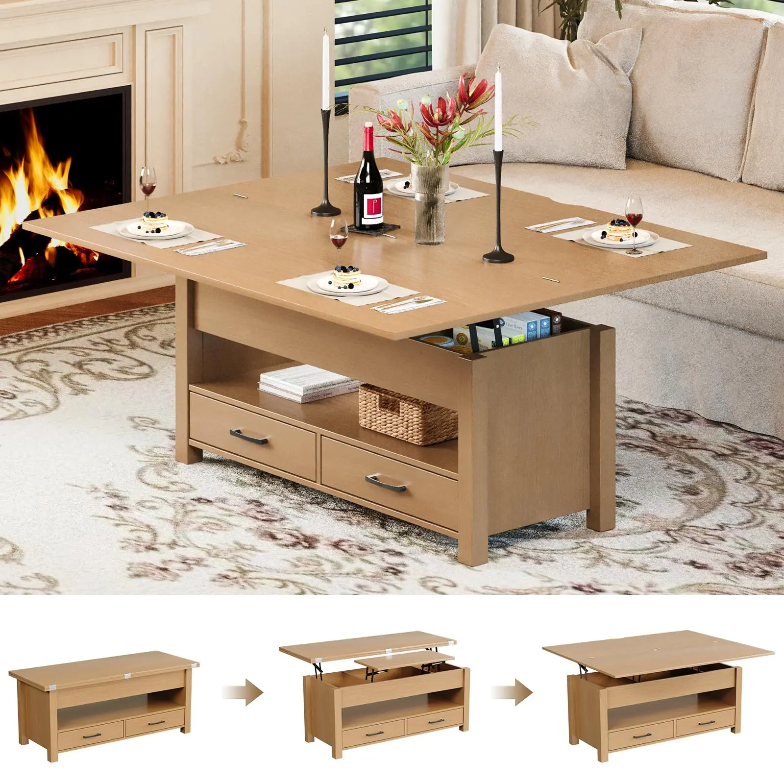 Garvee 4-in-1 Lift-Top Rectangle Coffee Table - 39.37x19.69x18.5in Split Gas Mechanism, 92.59lbs Wooden Table with 2 Storage Drawers & Hidden Compartment, Modern Farmhouse Living Room Space-Saver, Coffee Tables