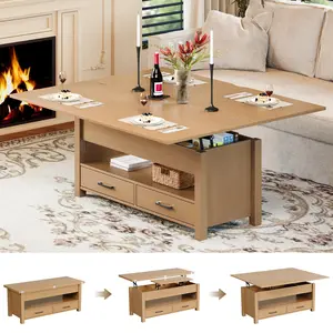 Garvee Convertible Lift Top Coffee Table – 40'' Split Gas Mechanism, Wooden Center Table with 2 Storage Drawers & Hidden Compartment – Modern Space-Saving Tabletop, Living Room, Farmhouse Design