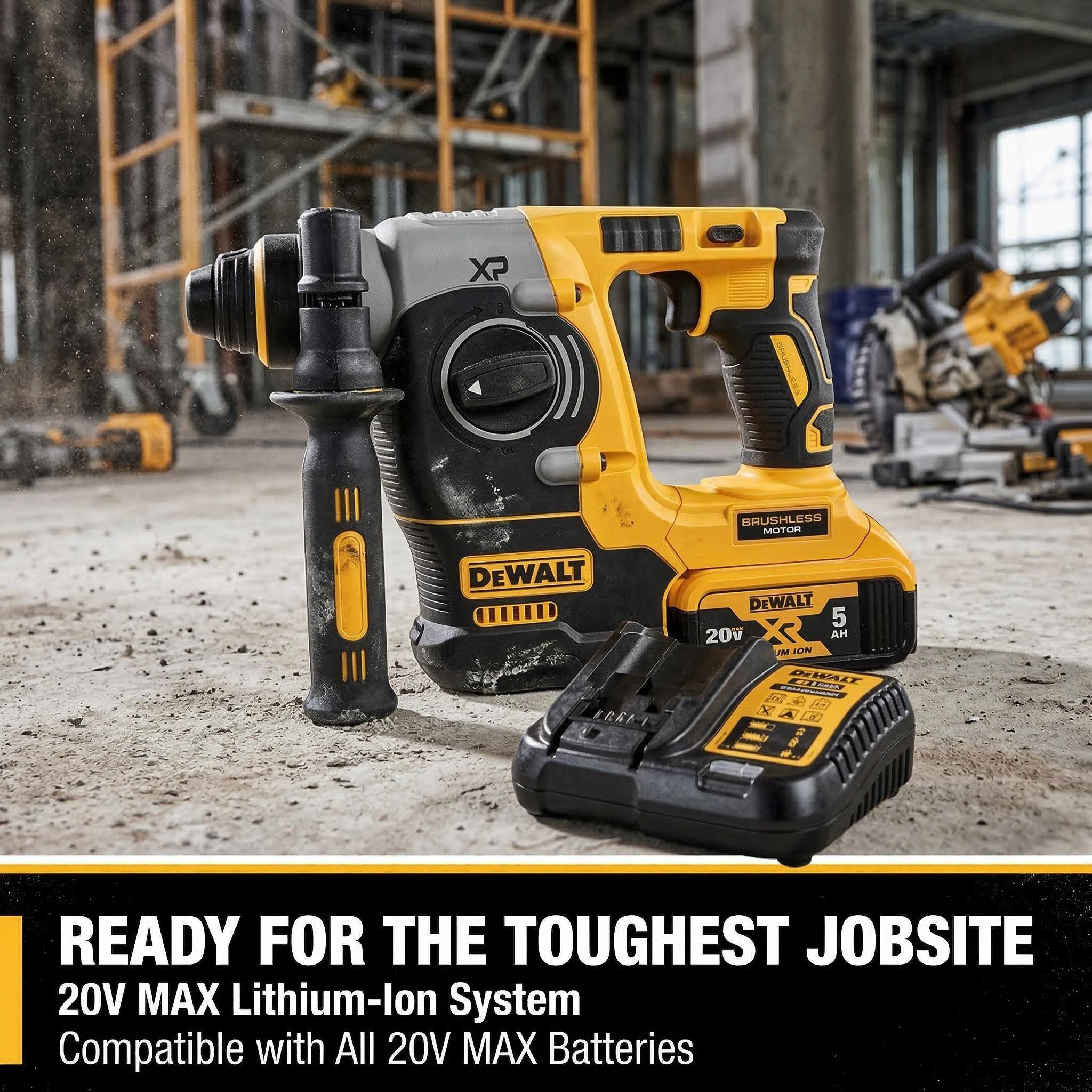 Dewalt DCH273 20V Brushless Rotary Hammer Drill Kit – 2.4J Impact Energy for 4-12mm Concrete Drilling – 360° Auxiliary Handle & Variable Speed