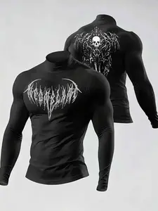 Men's Gothic High Neck Long Sleeve Shirt, Skull & Metal Band Print Athletic Baselayer, Moisture-Wicking Performance Gym Top, Grunge Aesthetic Slim Fit Thermal Undershirt for Workout, Running & Streetwear, Athletic Apparel