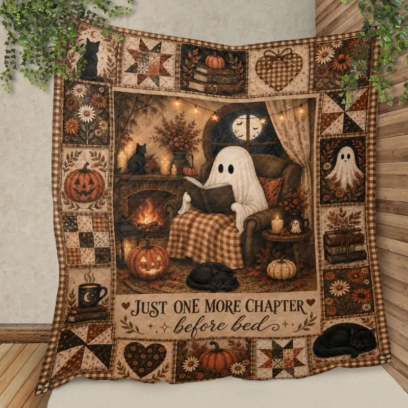 PRINT Halloween Ghost Reading Book Quilt Blanket, Book Lover Halloween Blanket, Spooky Ghost Throw Blanket, Halloween Quilt Cozy Reader Gift
