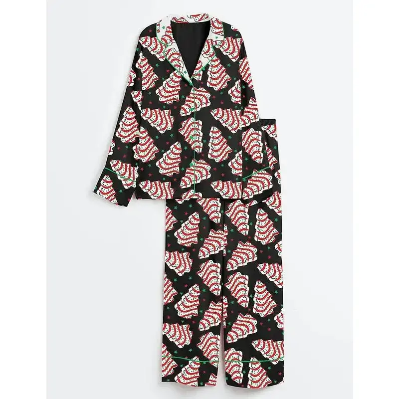 Women's Christmas Tree Cake Long Sleeve Satin Pajama Set Women's Christmas Tree Cake Long Sleeve Satin Pajama Set