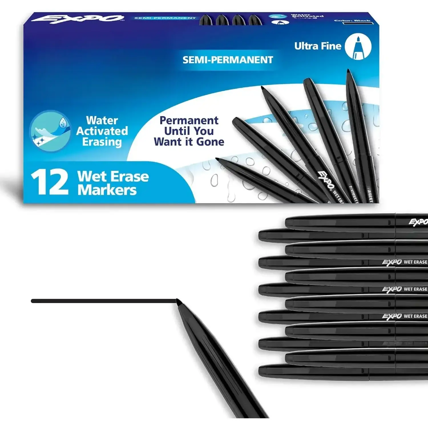 Black Ultra Fine Point Wet Erase Markers - 12 Count Semi-Permanent Water Erasing Office Writing Tools for Glass, Whiteboards, Organizer, Labeling Tool (Fine Point Markers & Highlighters Category)