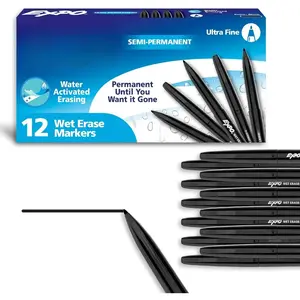 Wet Erase Markers, Semi-Permanent, Black, Ultra Fine Tip, 12 Count - For Writing on Glass, Whiteboards, Mirrors, Calendar, Labeling, Organizing