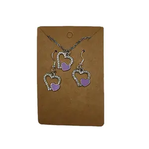Purple Heart Necklace and Matching Earrings with White Rhinestone Accents, Unisex Design, Perfect for Any Occasion