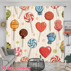2D Flat 2Pcs Cartoon Lollipop Printed Window Curtain Panels, Sweet Candy Themed Decor, Rod Pocket Semi-Sheer Drapes, for Living Room Bedroom Kitchen Dining Home, Anti Privacy.