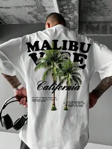 'Malibu Vibe California' Malibu Palm Tree California Vacation White Short-Sleeve T-Shirt | Casual Summer Beach Streetwear Top | Premium Cotton Fabric | Bold Tropical West Coast Aesthetic | Trendy Oversized-Fit | Eye-Catching Palm Tree Print | Versatile Da