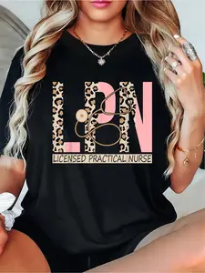 180g Printed Round Neck Short Sleeve T-Shirt LPN - Leopard Nurse LPN Nursing Licensed Practical Nurse T-Shirt