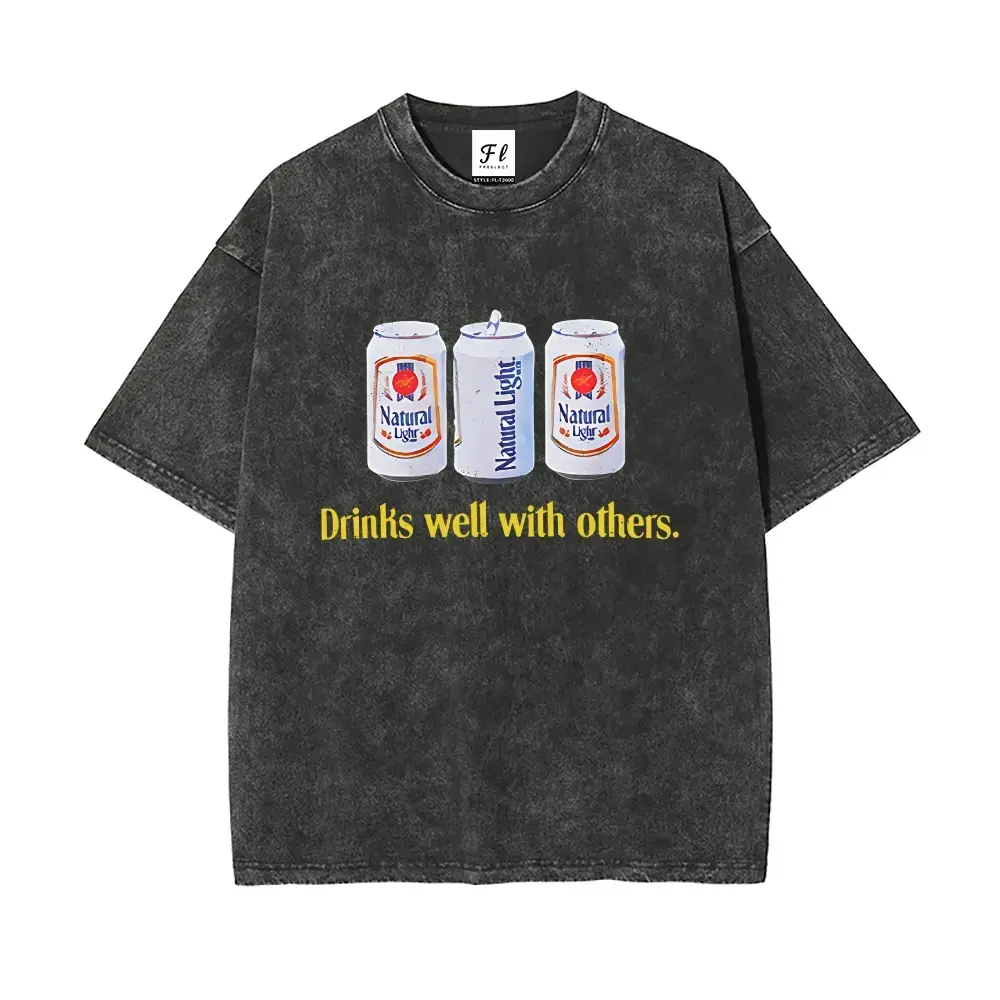 Natural Light Beer "Drinks Well With Others" Washed T-Shirt | Retro Beer Graphic Tee | Unisex Summer Cotton Top,back to school,back to school shopping,men's t shirts,graphic shirts,humor graphic tee,cotton graphic tees, funny graphic tee,vintage shirts