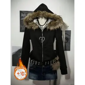 Y2K Gothic Black Faux Fur Hooded Solid Zip-Up Hoodie | Versatile All-Black Fall/Winter Style | Thickened Warm Fabric | Edgy Alt-Style Streetwear | Casual Daily Outfit | Fall/Winter Thermal Top | Trendy Dark Aesthetic 2000s Style Clothing
