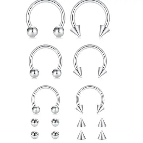 14pcs/set Unisex 8/10/12mm Stainless Steel Nose Rings, Nose Piercing Jewelry, Fashion Body Jewelry, Nose Rings with 4pcs 3/4mm Replacement Heads, Nose Rings Hoops