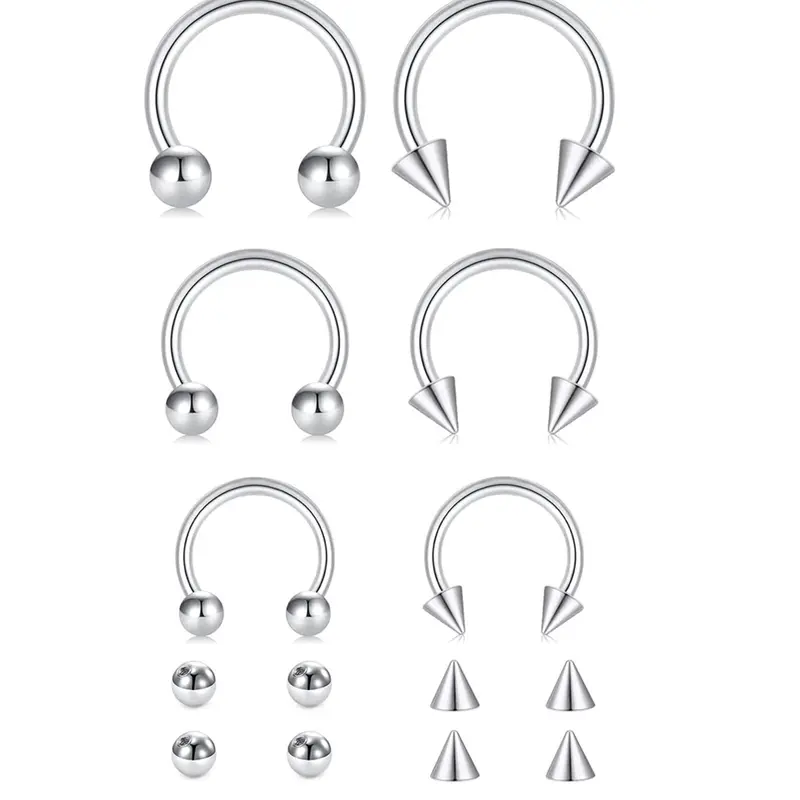 14pcs/set Unisex 8/10/12mm Stainless Steel Nose Rings, Nose Piercing Jewelry, Fashion Body Jewelry, Nose Rings with 4pcs 3/4mm Replacement Heads, Nose Rings Hoops