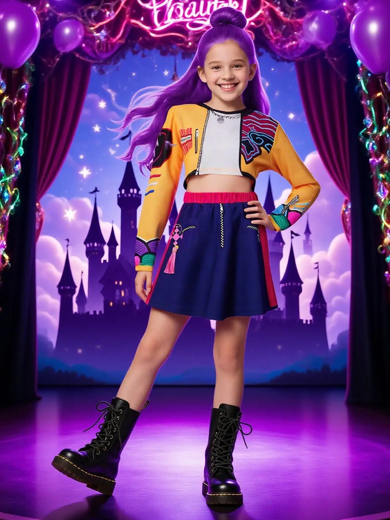 K-Pop Girls' Zoey Short Sleeve Half Skirt Costume Set, Halloween Cool Girl Role Play, Trendy Kids Clothing for All Seasons