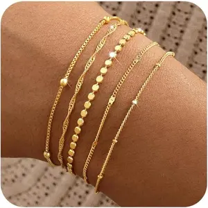 Women's gold bracelet, 14K gold-plated stackable bracelet set, featuring adjustable pendants, spiral chain, snake chain, multi-layer waterproof jewelry set, is the first choice for holiday and celebration gifts